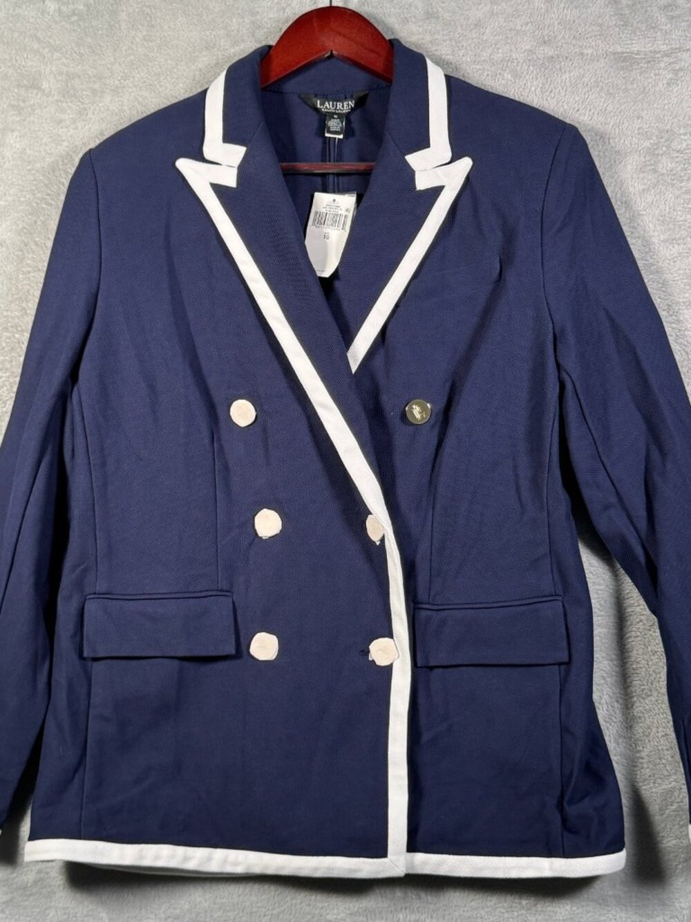 Lauren Ralph Lauren Blazer Womens 10 Navy Two Tone Double Breasted Pique $325 - Picture 2 of 13